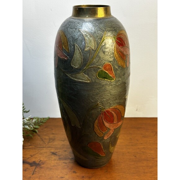 Large Vintage Brass & Enamel Cloisonné Painted Vase Pink Floral 11.5” Tall READ - Picture 4 of 9